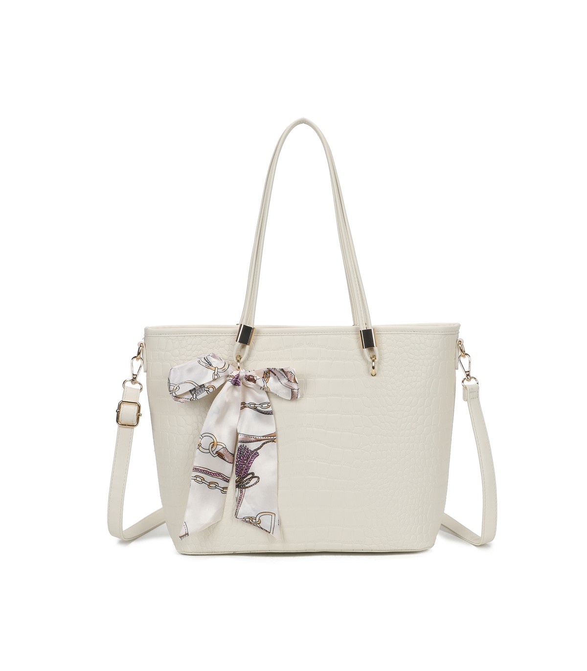 T11889 - Bolso de hombro amplio con pañuelo y textura cuarteada