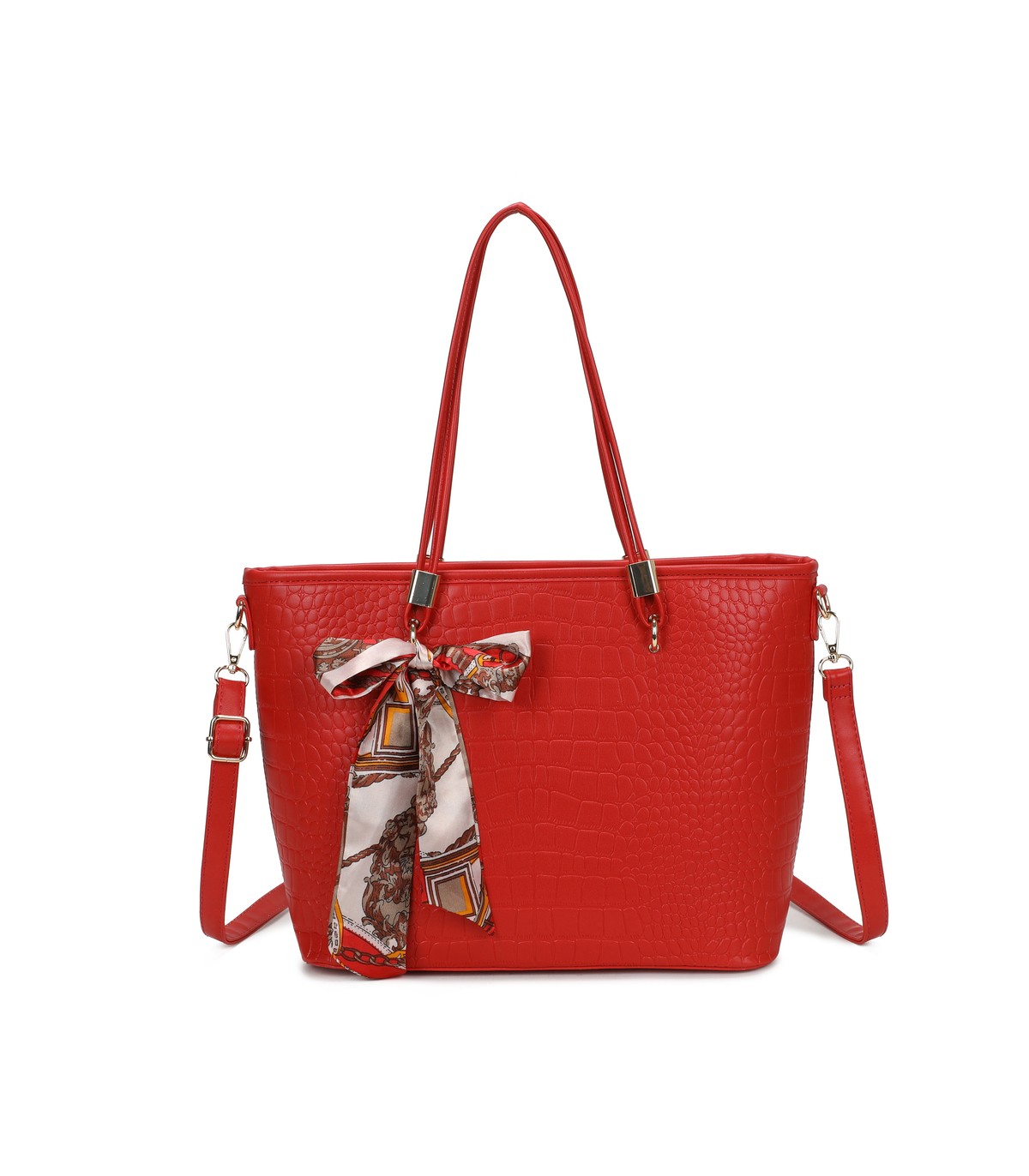 T11889 - Bolso de hombro amplio con pañuelo y textura cuarteada