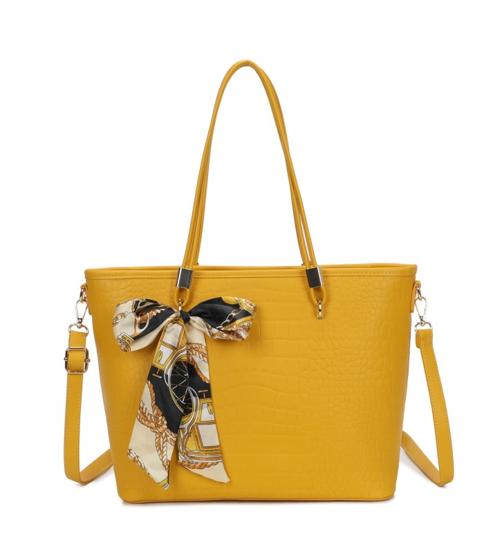 T11889 - Bolso de hombro amplio con pañuelo y textura cuarteada