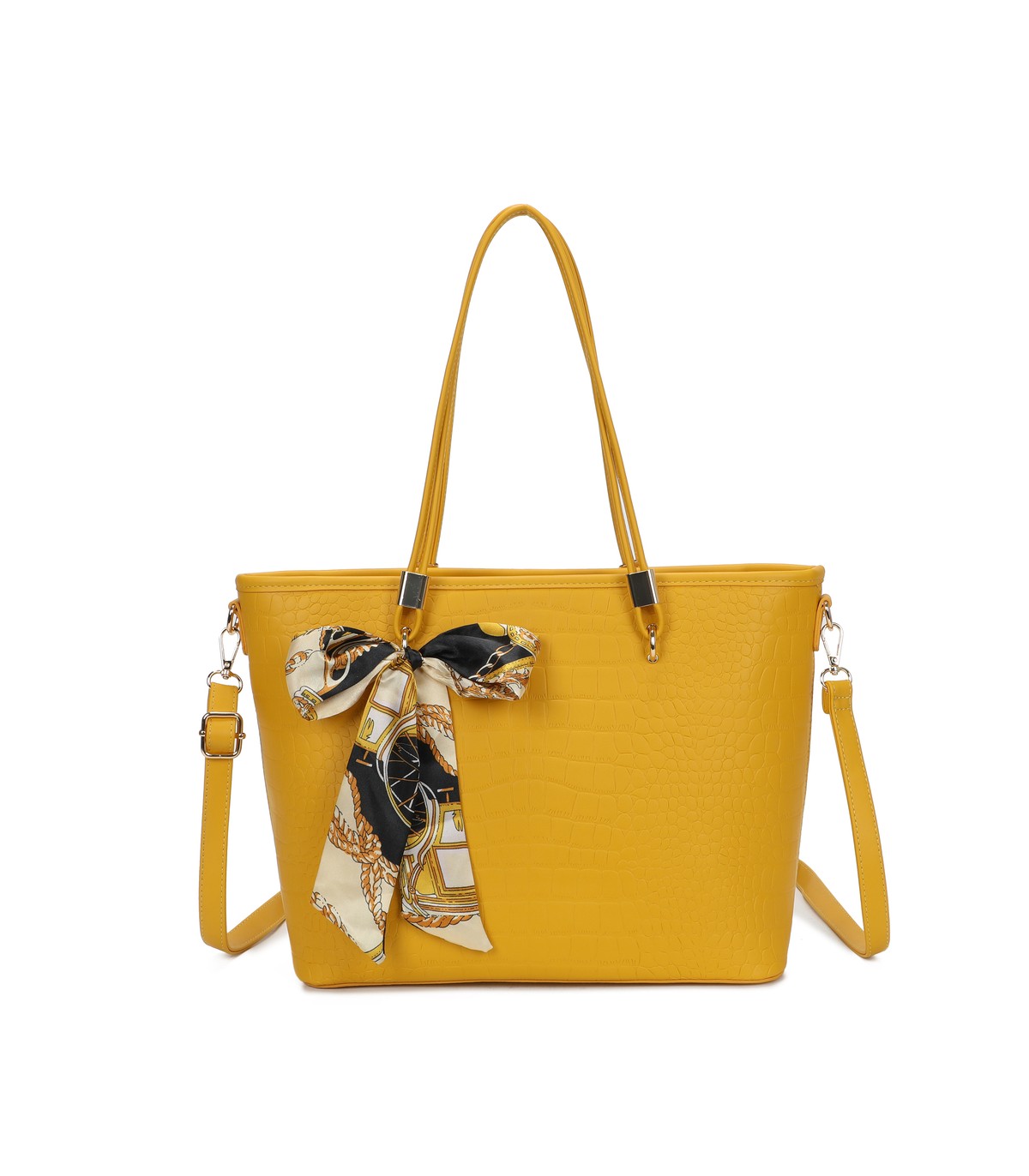 T11889 - Bolso de hombro amplio con pañuelo y textura cuarteada