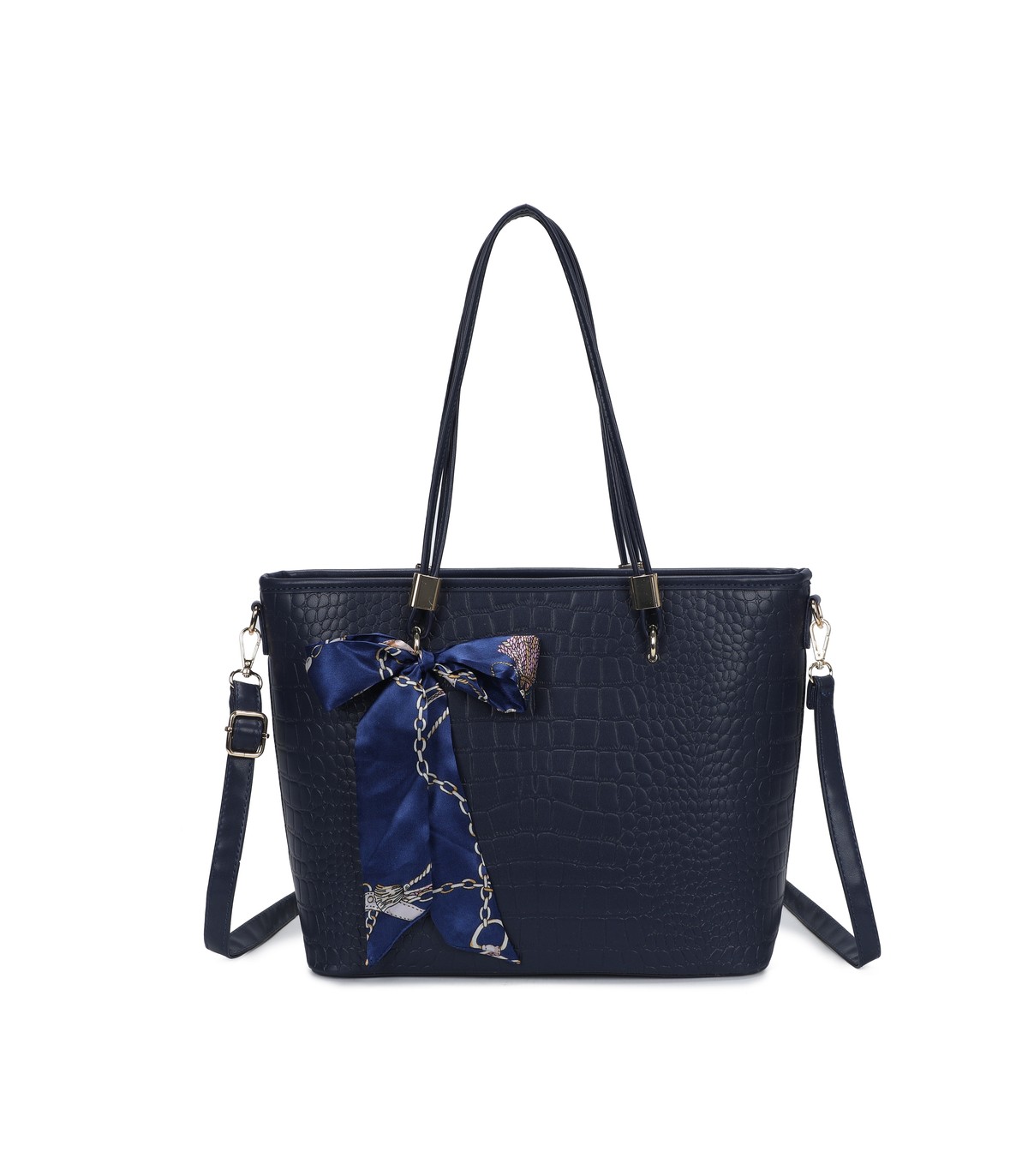 T11889 - Bolso de hombro amplio con pañuelo y textura cuarteada