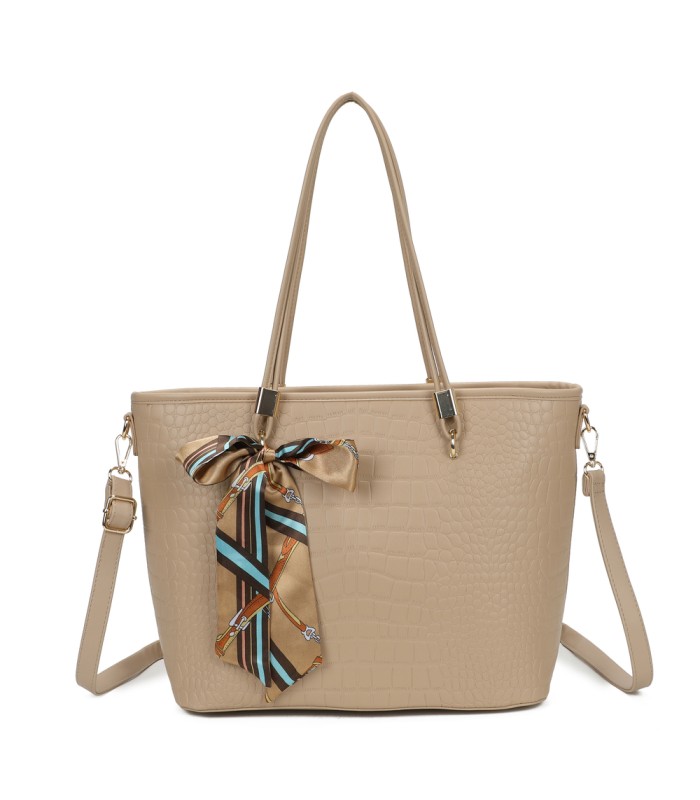 T11889 - Bolso de hombro amplio con pañuelo y textura cuarteada