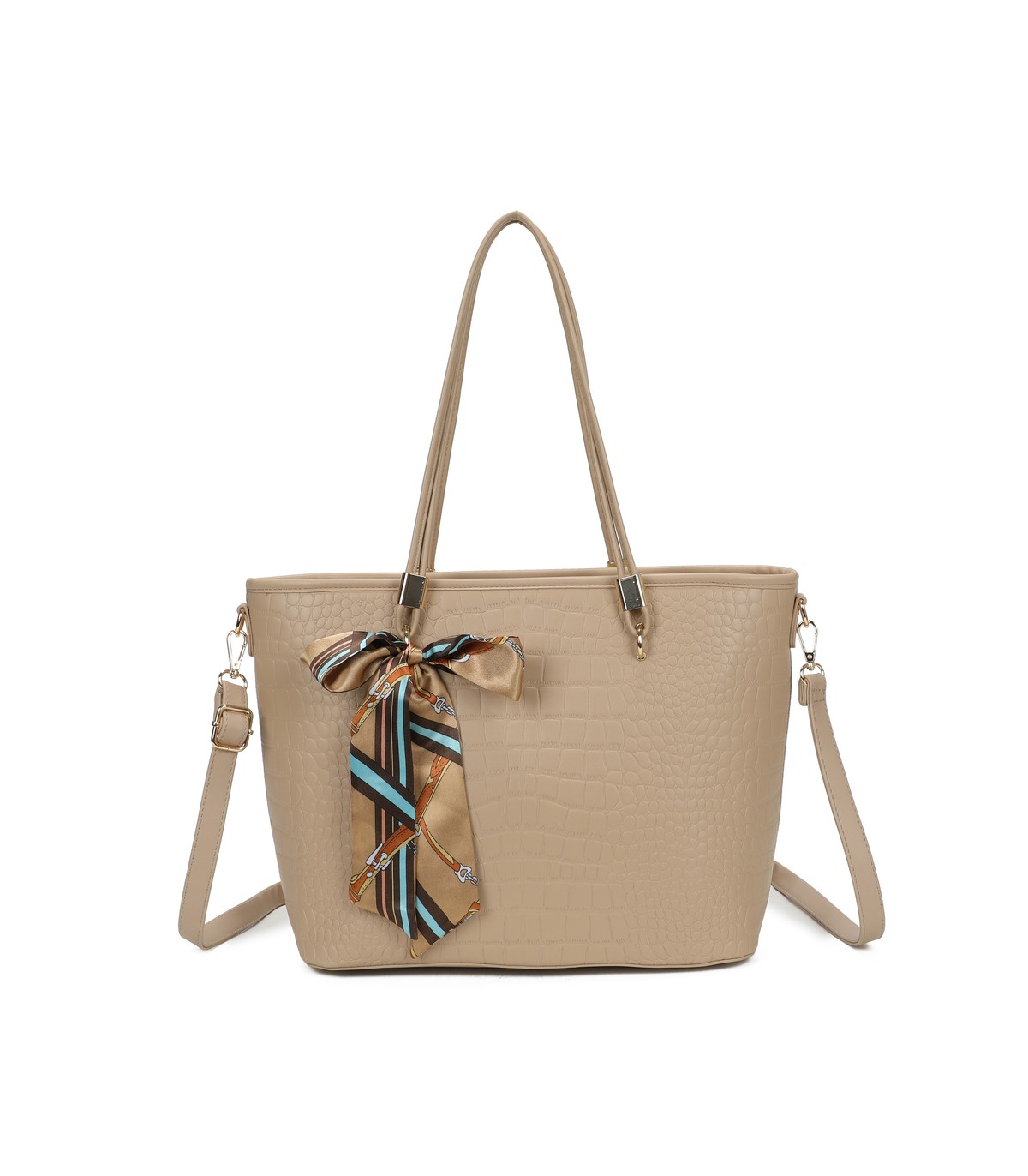 T11889 - Bolso de hombro amplio con pañuelo y textura cuarteada