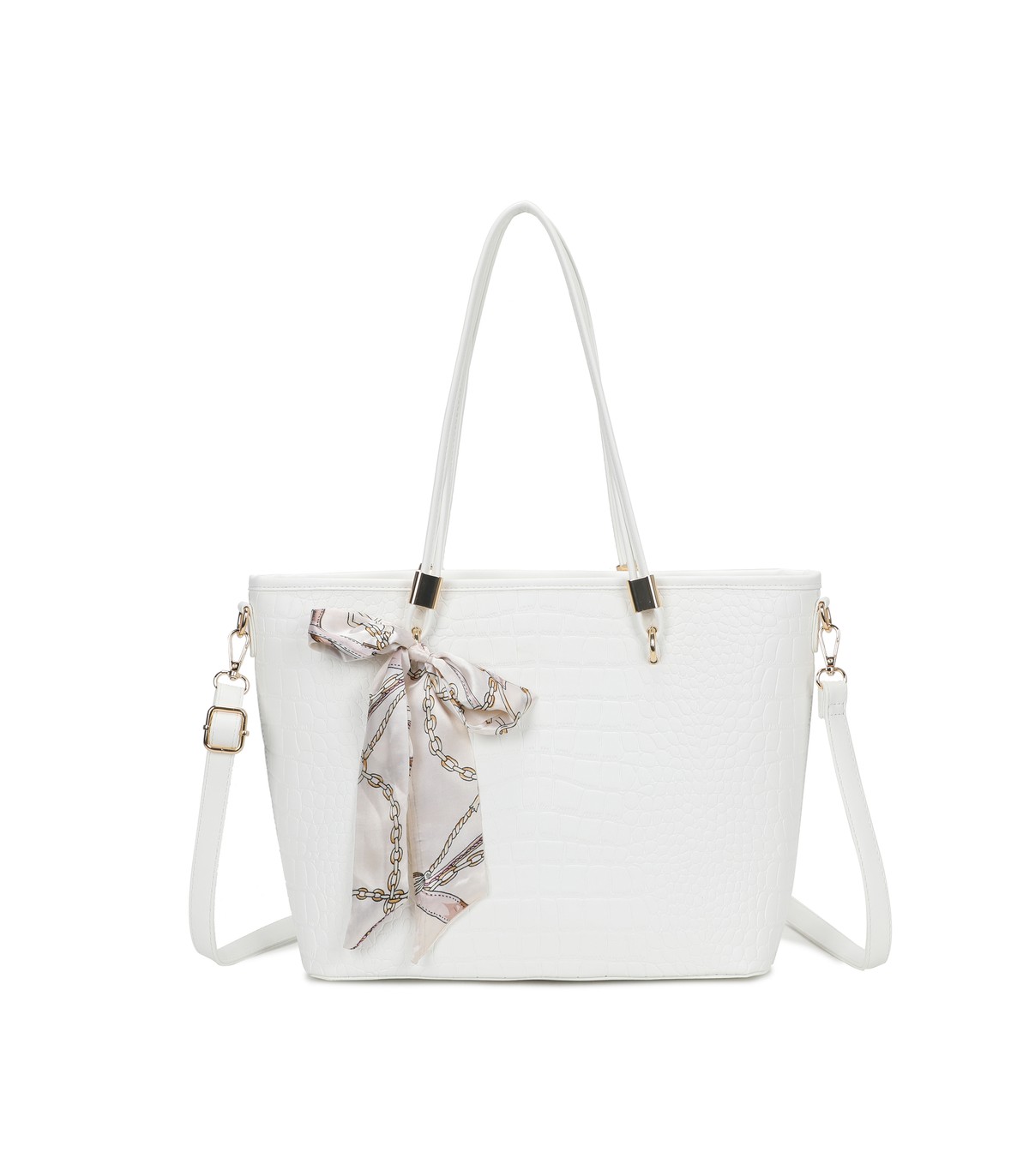 T11889 - Bolso de hombro amplio con pañuelo y textura cuarteada