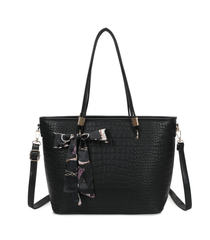 T11889 - Bolso de hombro amplio con pañuelo y textura cuarteada
