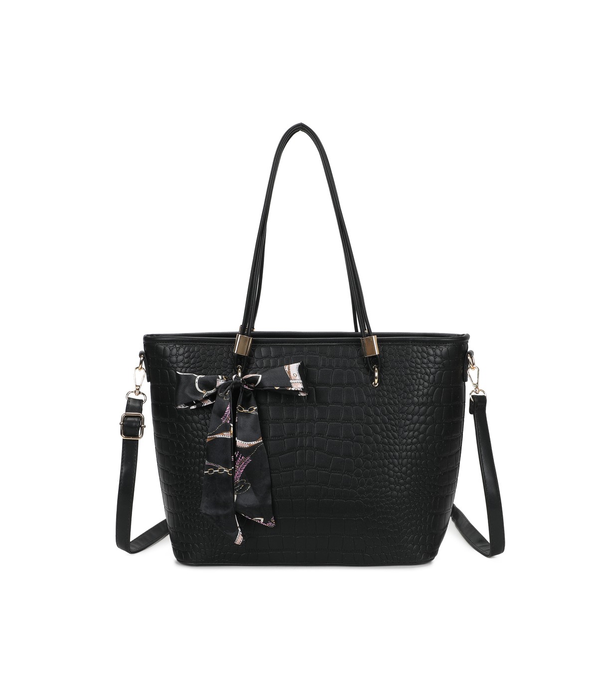 T11889 - Bolso de hombro amplio con pañuelo y textura cuarteada