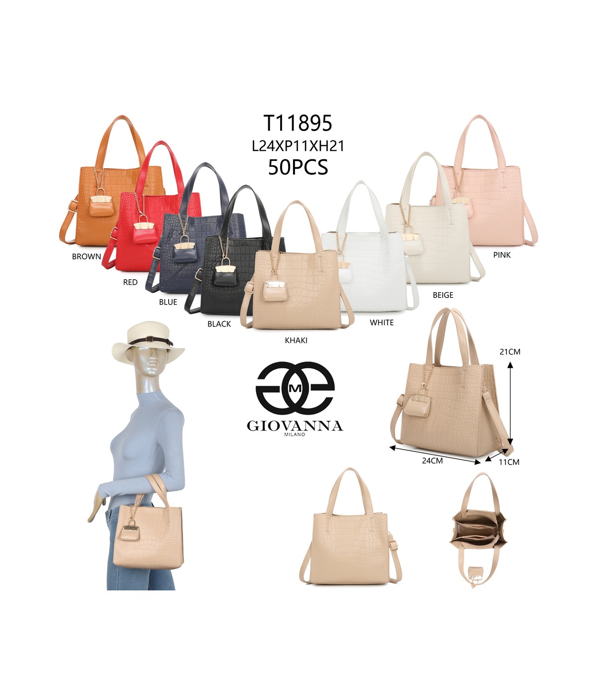 T11895- Bolso bandolera con varios compartimientos y accesorio colgante