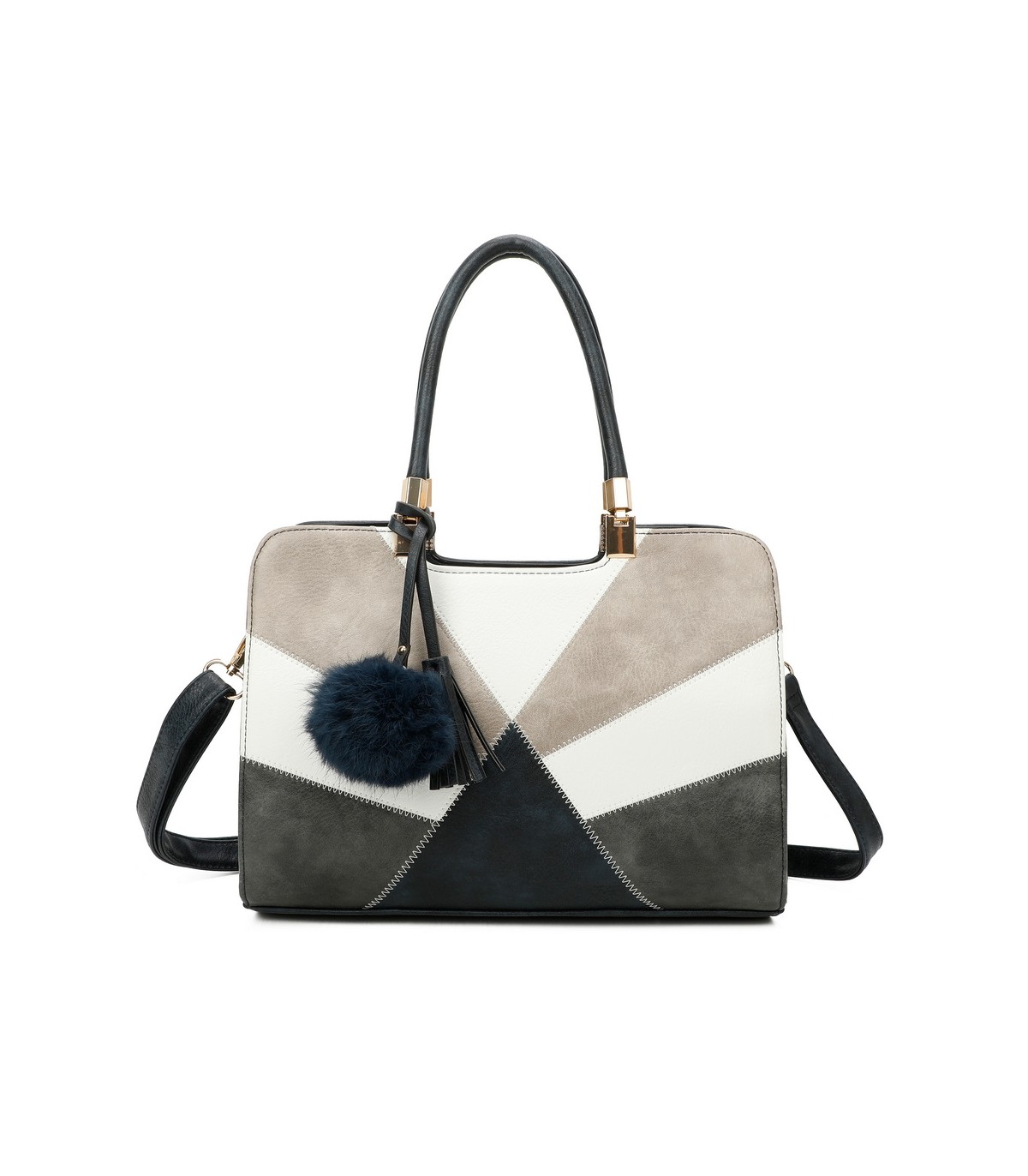 T10163 - Bolso de hombro con pompón y estilo triangular