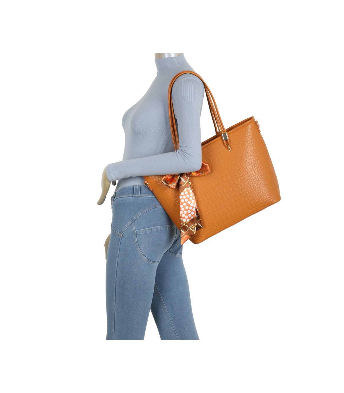 T11889 - Bolso de hombro amplio con pañuelo y textura cuarteada