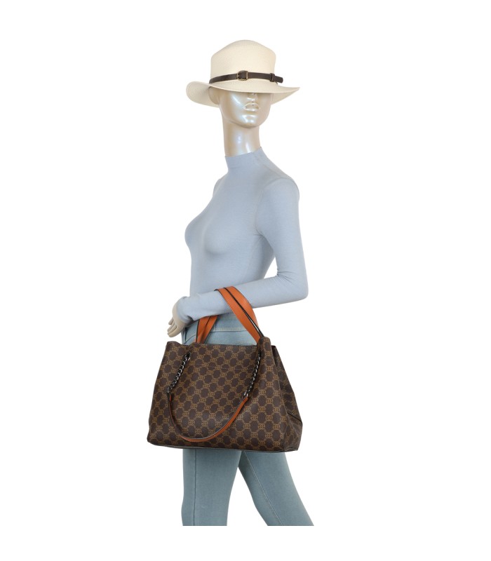 T11924-Bolso tipo tote elegante con monograma clásico y detalles modernos de cadenas