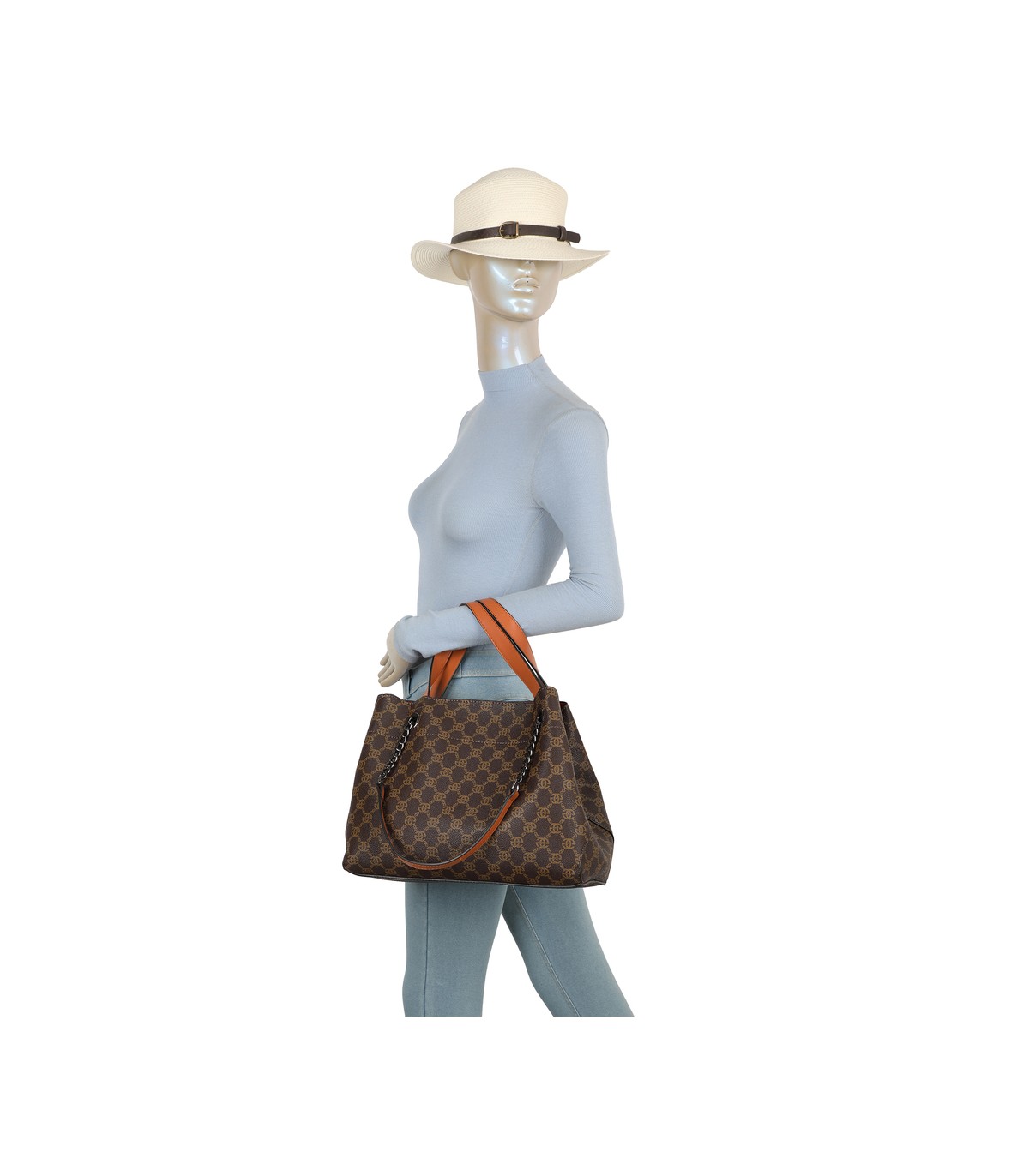 T11924-Bolso tipo tote elegante con monograma clásico y detalles modernos de cadenas