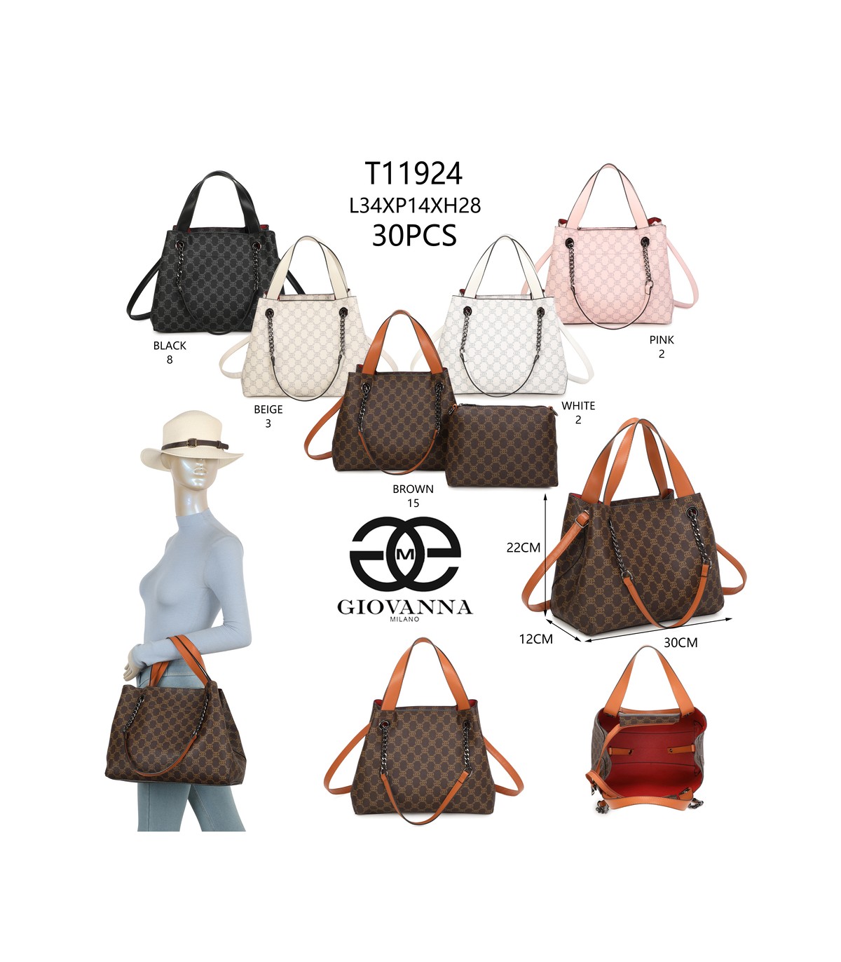 T11924-Bolso tipo tote elegante con monograma clásico y detalles modernos de cadenas