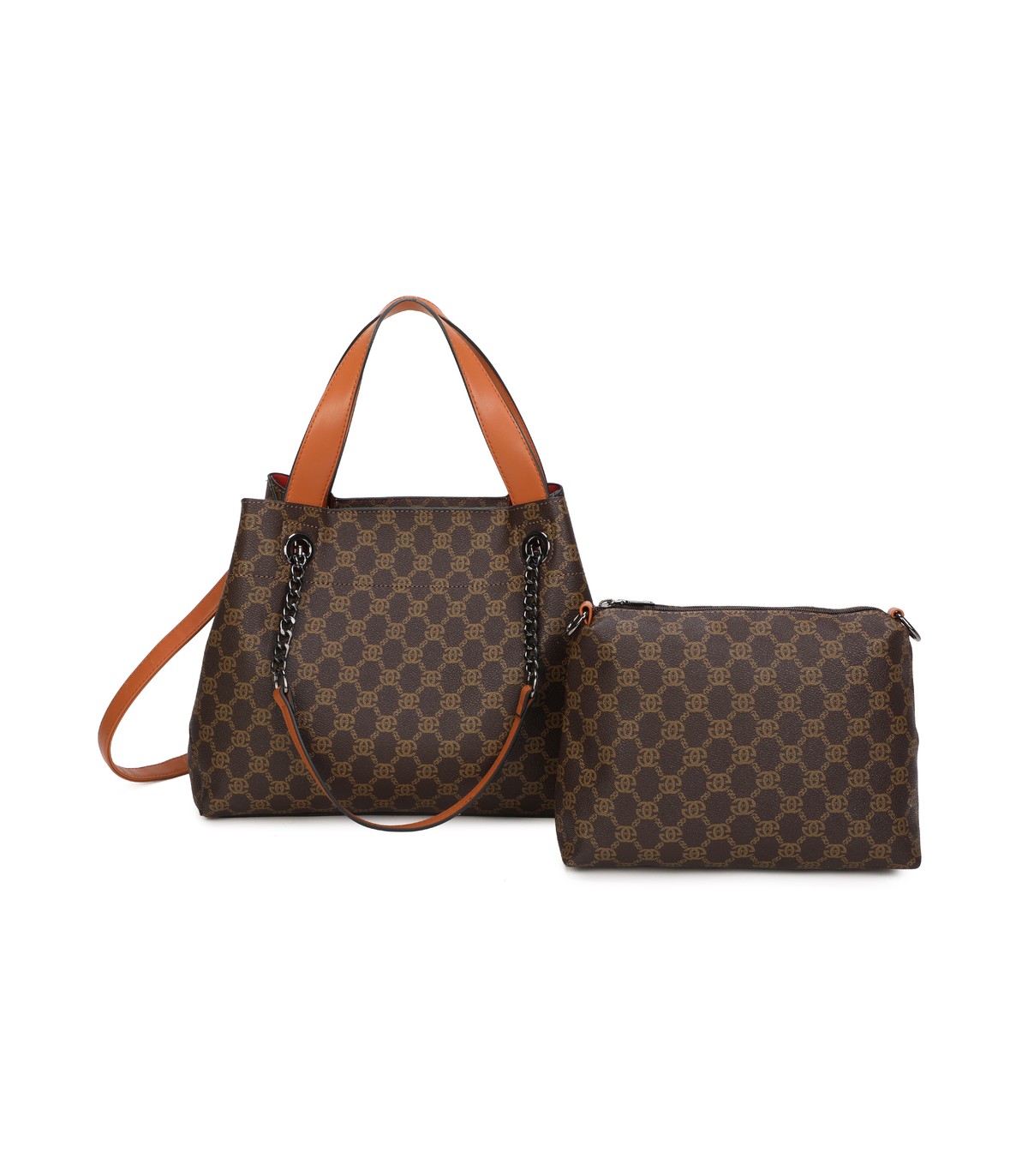 T11924-Bolso tipo tote elegante con monograma clásico y detalles modernos de cadenas