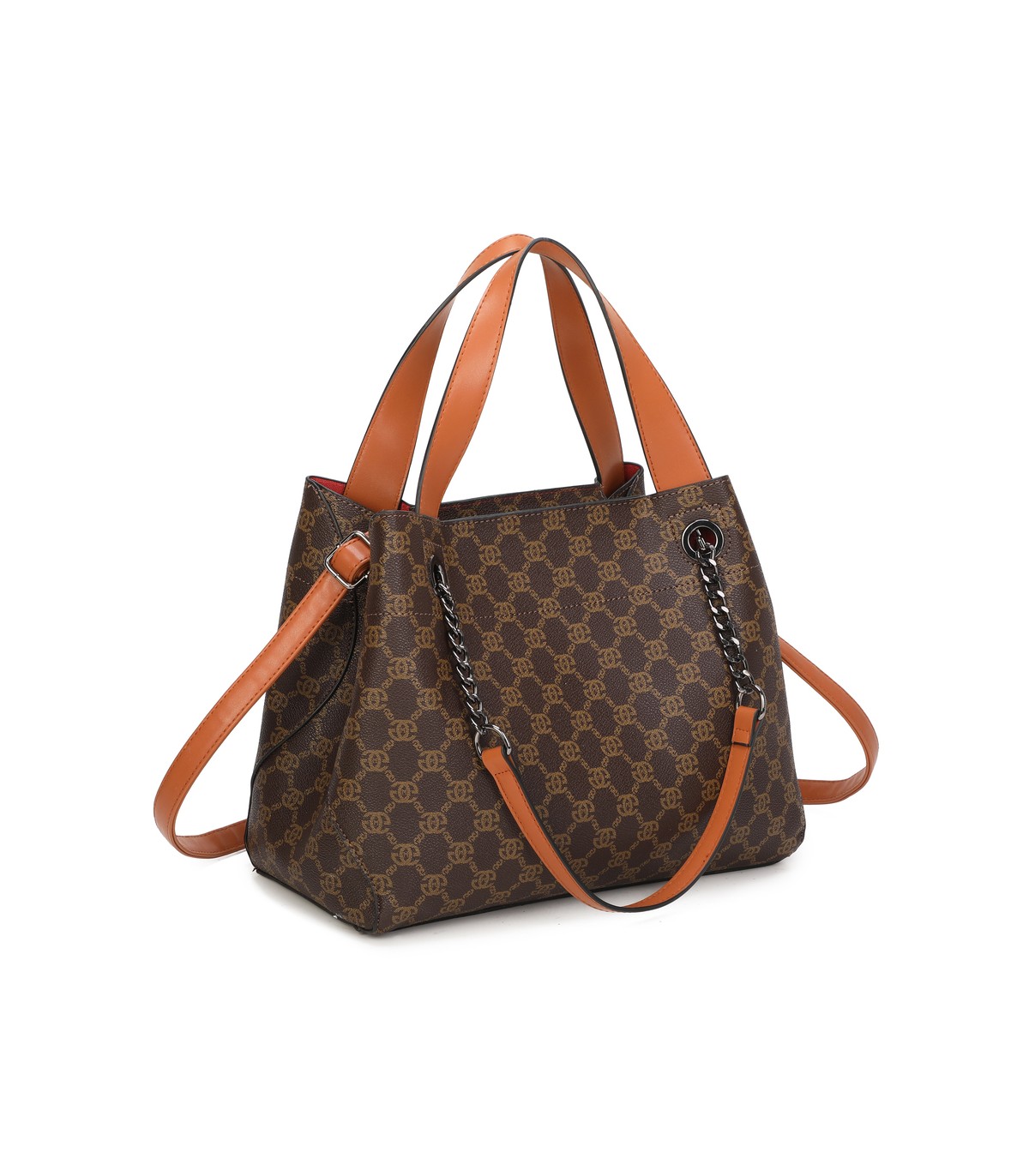 T11924-Bolso tipo tote elegante con monograma clásico y detalles modernos de cadenas