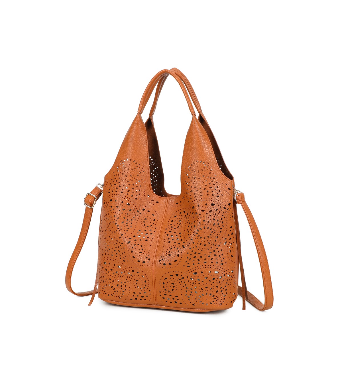 T11928-Bolso tipo Hobo o de hombro, caracterizado por un diseño artístico con calados
