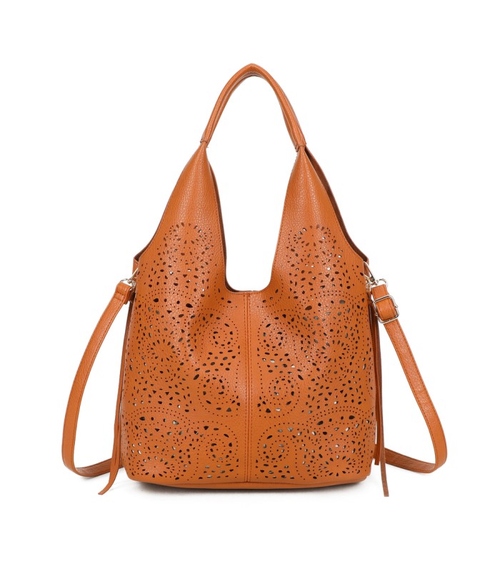 T11928-Bolso tipo Hobo o de hombro, caracterizado por un diseño artístico con calados