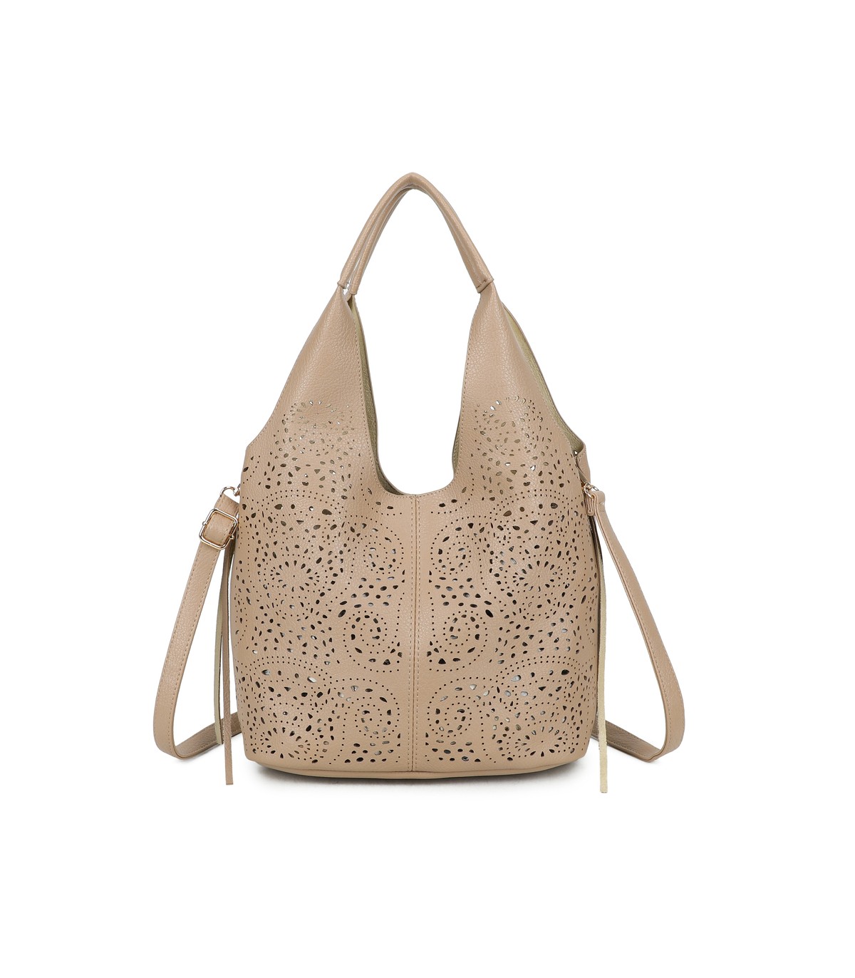 T11928-Bolso tipo Hobo o de hombro, caracterizado por un diseño artístico con calados
