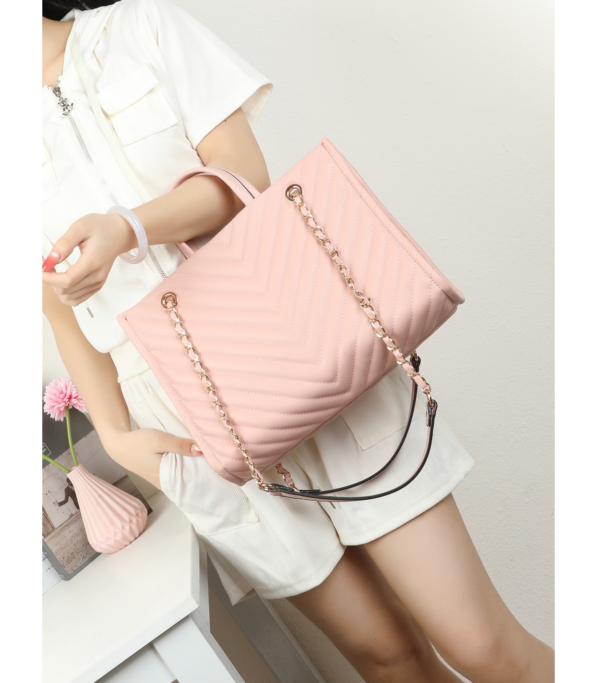 T11955-Bolso Tote Acolchado con Cadena de Lujo