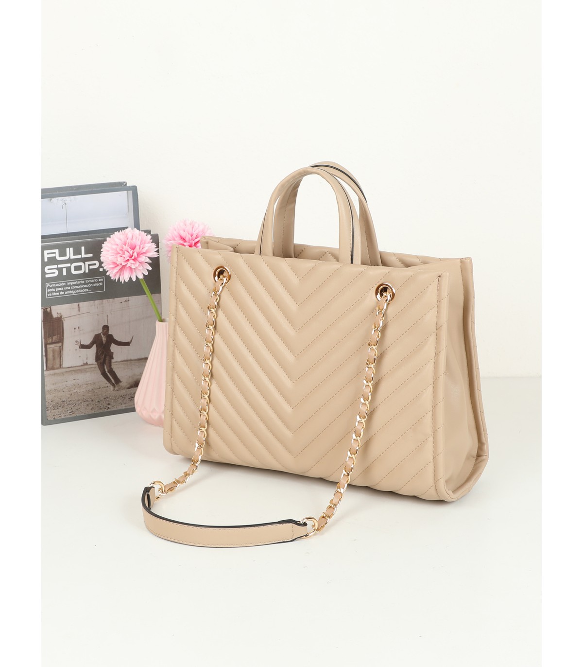 T11955-Bolso Tote Acolchado con Cadena de Lujo