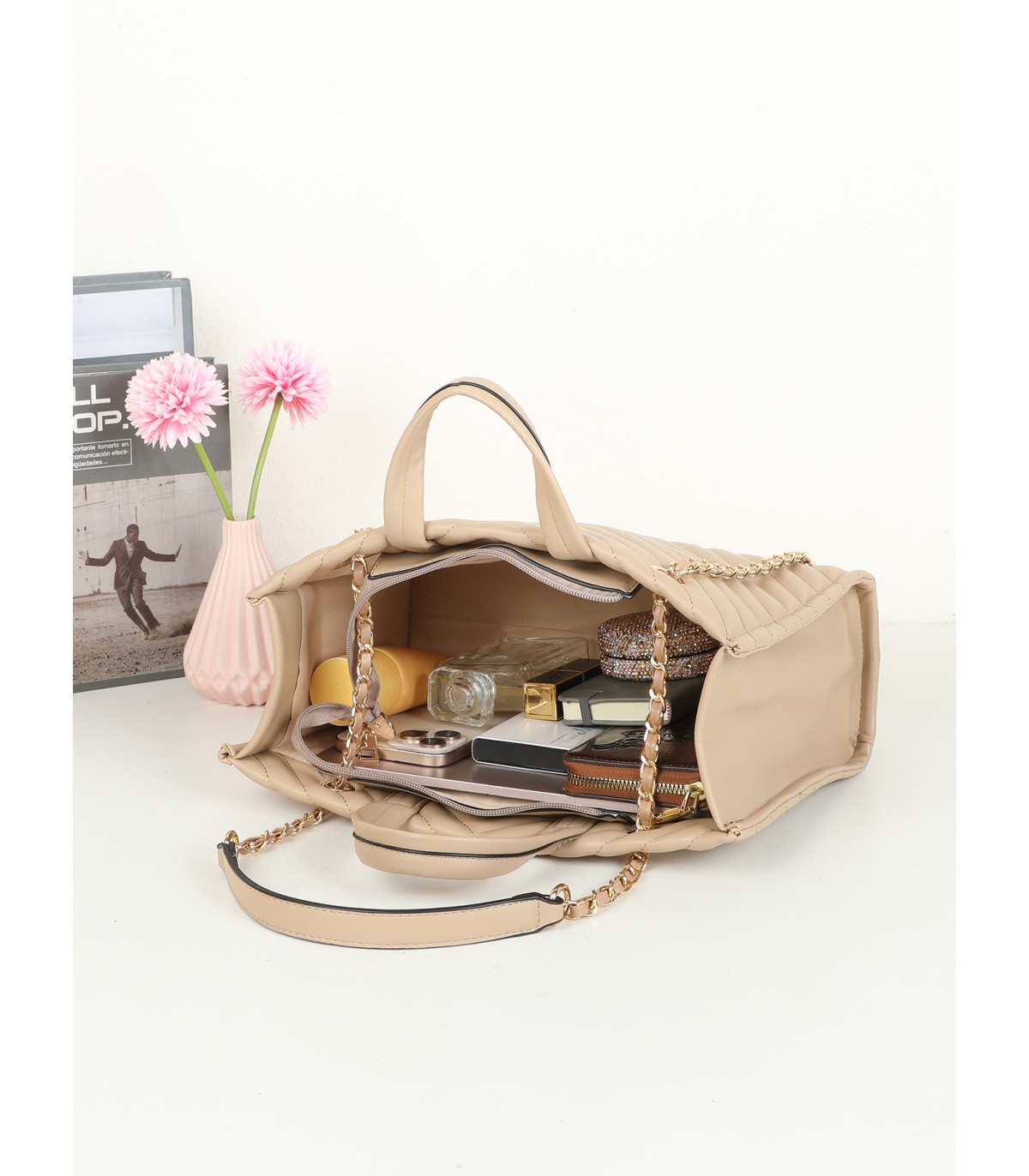 T11955-Bolso Tote Acolchado con Cadena de Lujo