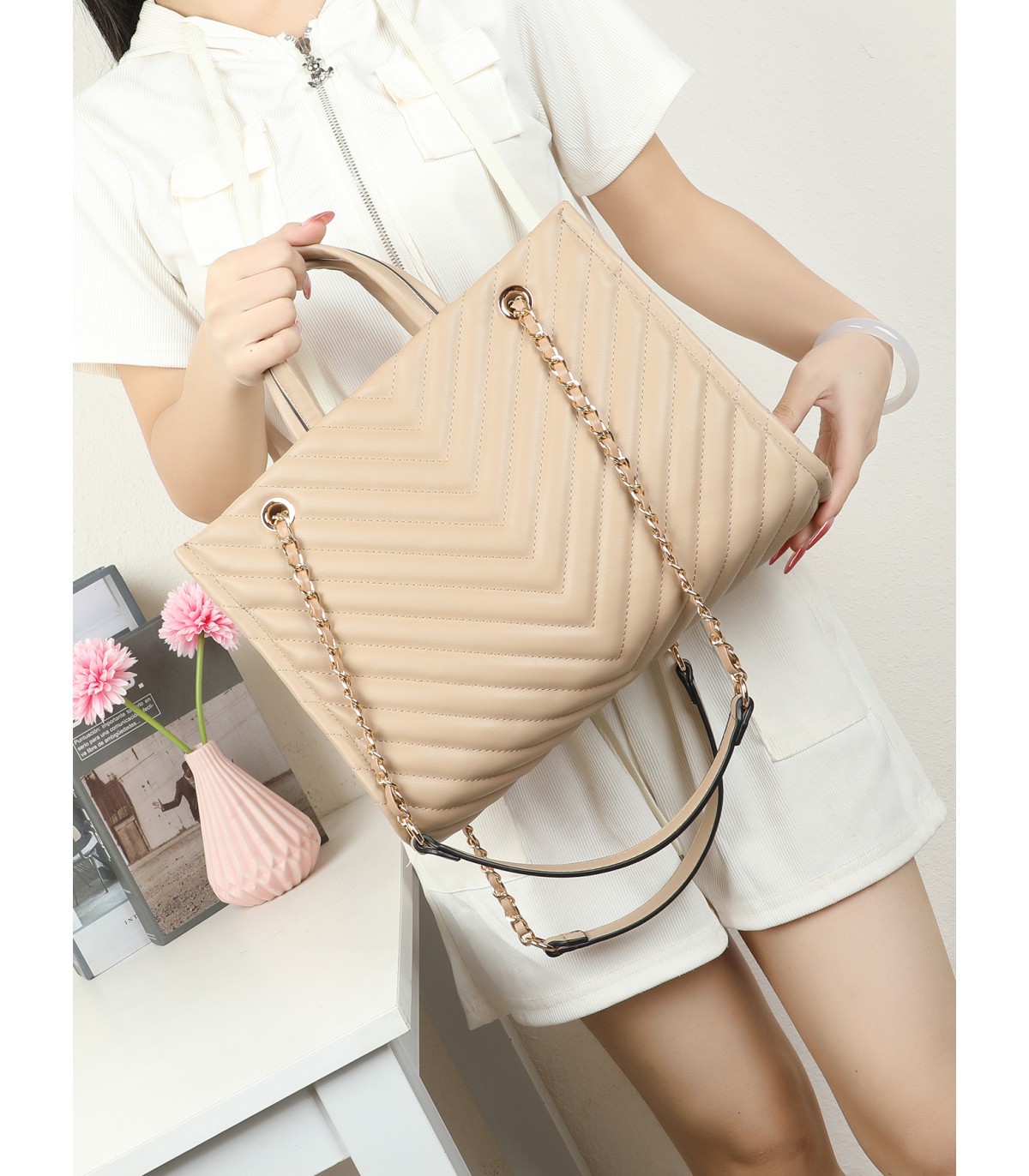 T11955-Bolso Tote Acolchado con Cadena de Lujo