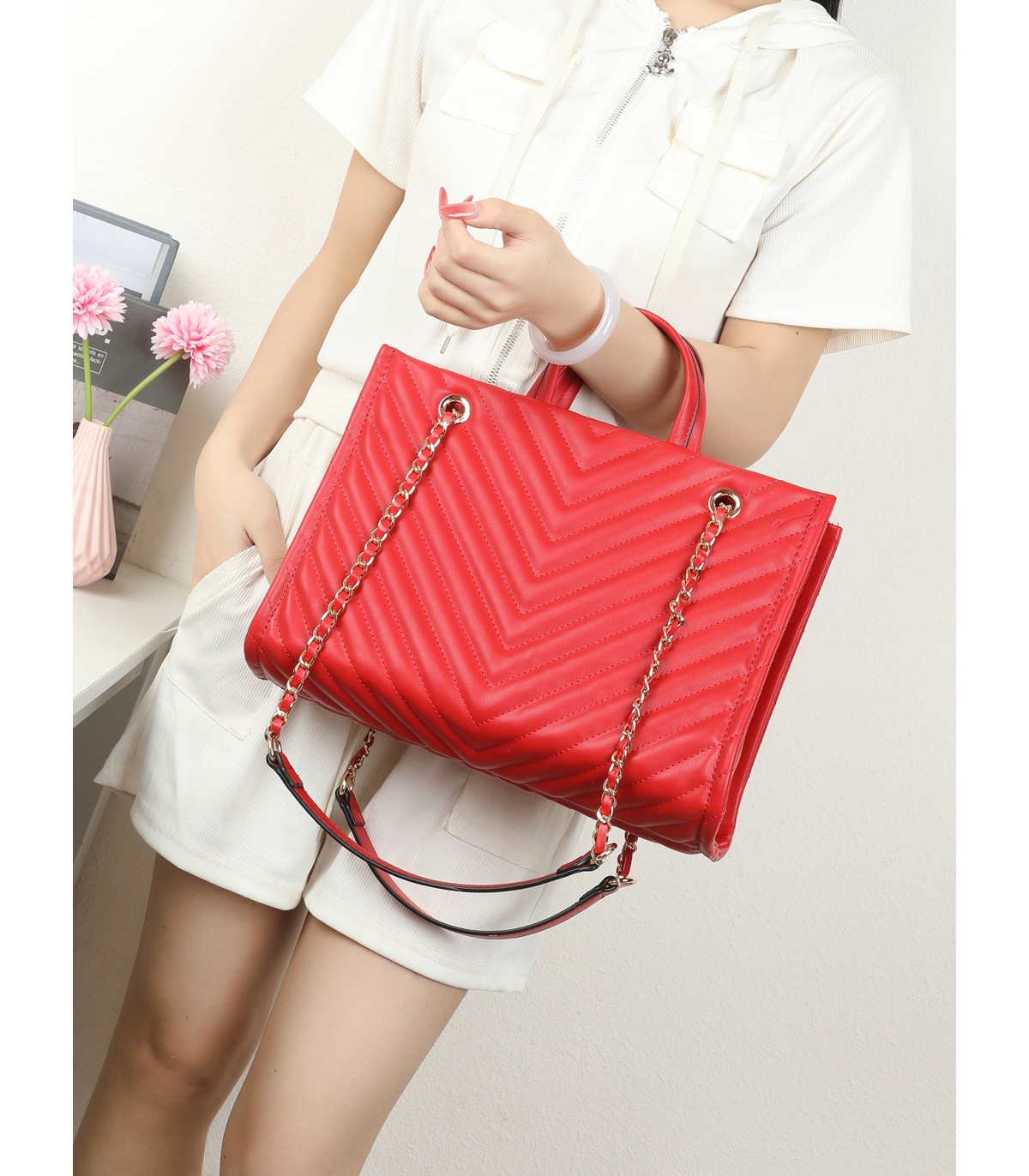 T11955-Bolso Tote Acolchado con Cadena de Lujo