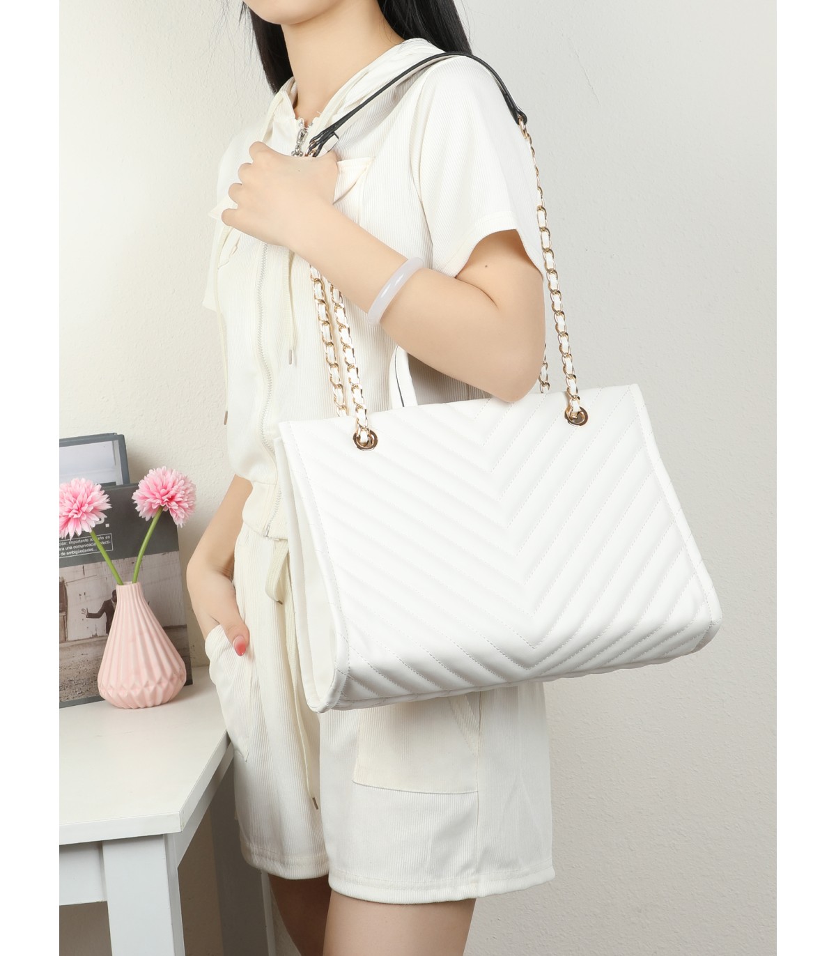 T11955-Bolso Tote Acolchado con Cadena de Lujo