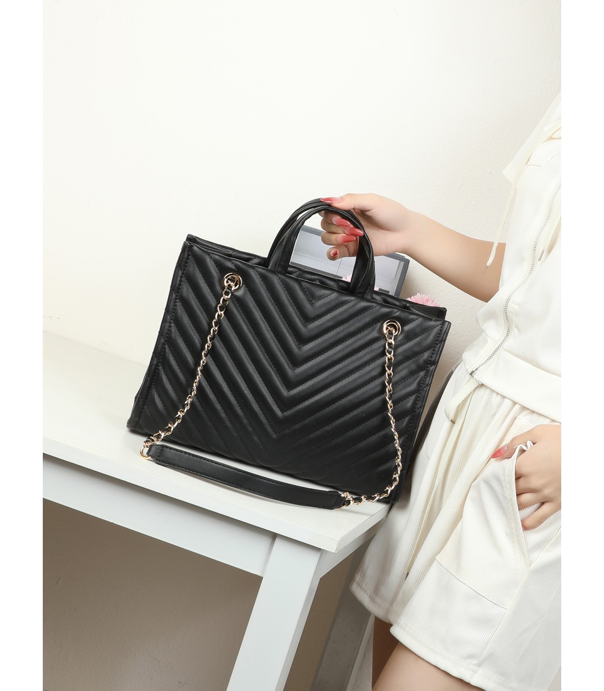 T11955-Bolso Tote Acolchado con Cadena de Lujo