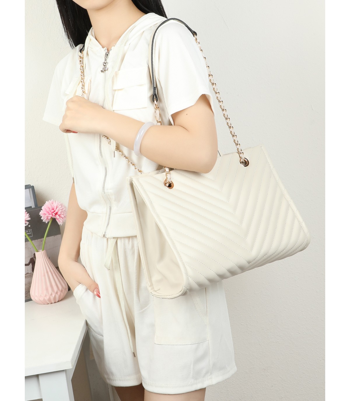 T11955-Bolso Tote Acolchado con Cadena de Lujo