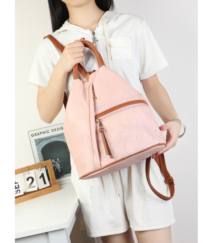 T11149 - Mochila con cremallera frontal y bordado de mandala